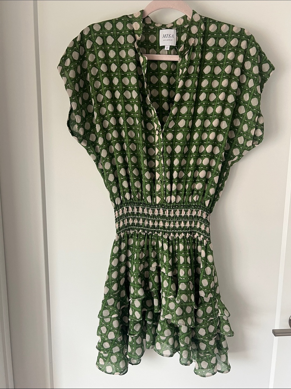 MISA Los Angeles Green Printed Short Sleeve Waist-Detail Dress - Picture 3 of 8